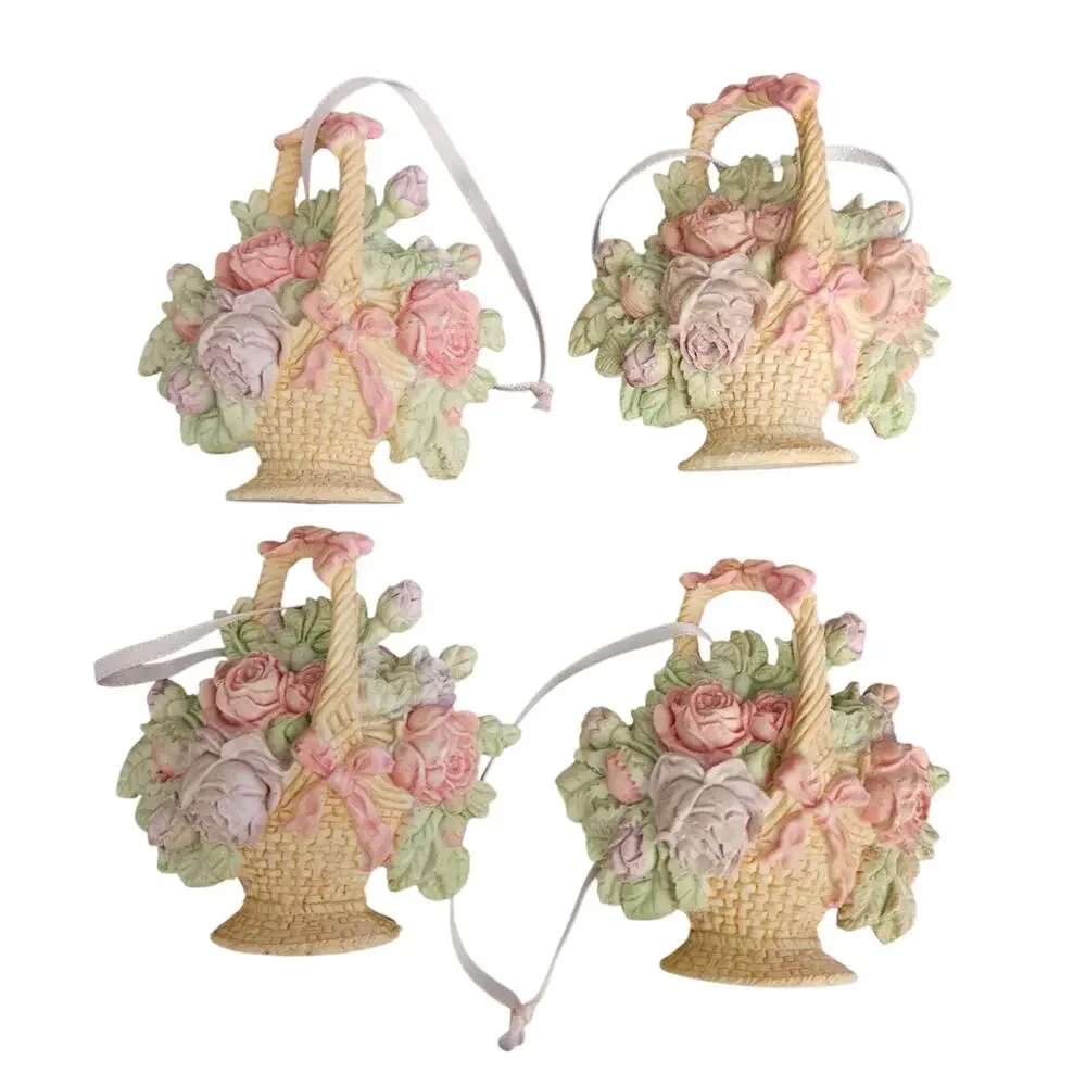 Set of 4 Floral Basket Christmas Ornaments Roses Pastel Victorian Style